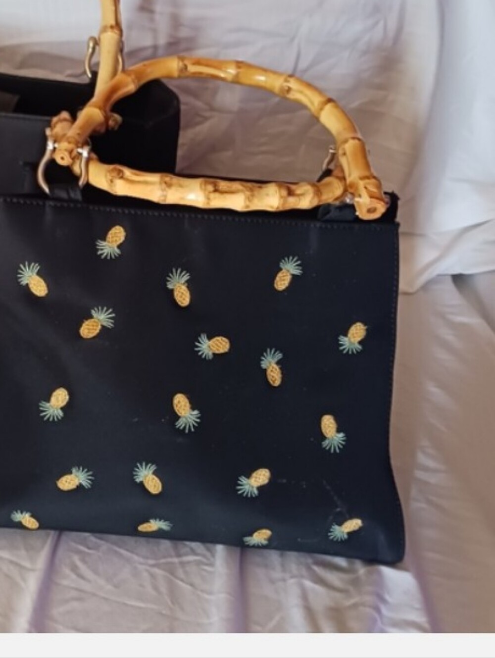 Black Pineapple Print Bamboo Handle Small Tote Bag